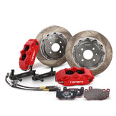 Complete TTSPORT 5420S front wheel big brake kit, showing the 4-piston forged calipers, slotted 2-piece floating rotor, performance pads, and steel-braided brake lines.