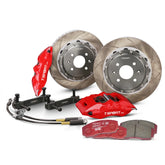 Complete TTSPORT 5430 front wheel big brake kit, showing the 4-piston forged calipers, slotted 2-piece floating rotor, performance pads, and steel-braided brake lines.