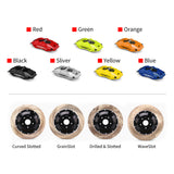 Customization options for the TTSPORT 5430 brake kit, featuring available caliper colors (red, blue, green, orange), rotor designs (drilled and slotted).