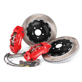 Complete TTSPORT 7640 front wheel big brake kit, showing the 6-piston forged calipers, slotted 2-piece floating rotor, performance pads, and steel-braided brake lines.