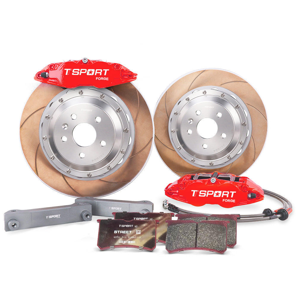 Complete TTSPORT 8611S front wheel big brake kit, showing the 6-piston forged calipers, slotted 2-piece floating rotor, performance pads, and steel-braided brake lines.