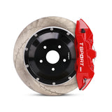 Close-up of a red TTSPORT EB4 4-piston forged brake caliper for the front wheel and a slotted 2-piece floating rotor.
