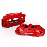 Detailed view of the 4 pistons with dust boot inside a TTSPORT EB4 forged brake caliper.