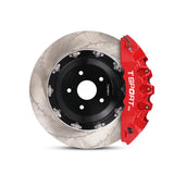 Close-up of a red TTSPORT EB8 8-piston forged brake caliper for the front wheel and a slotted 2-piece floating rotor.