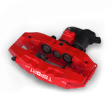 Detailed view of the 4 pistons and 1 motor with dust boot inside a TTSPORT EP4S forged brake caliper.