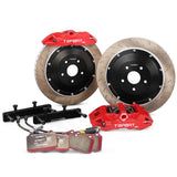 Complete TTSPORT ES4 rear wheel big brake kit, showing the 4-piston forged calipers, slotted 2-piece floating rotor, performance pads, and steel-braided brake lines.
