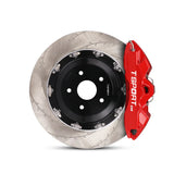 Close-up of a red TTSPORT ES6 6-piston forged brake caliper for the front wheel and a slotted 2-piece floating rotor.