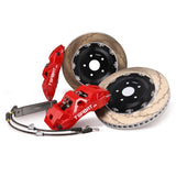 Complete TTSPORT ES6 front wheel big brake kit, showing the 6-piston forged calipers, slotted 2-piece floating rotor, performance pads, and steel-braided brake lines.