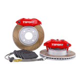 Complete TTSPORT Honda Fit/Jazz front wheel big brake kit, showing the 4-piston forged calipers, slotted rotor, performance pads, and steel-braided brake lines.