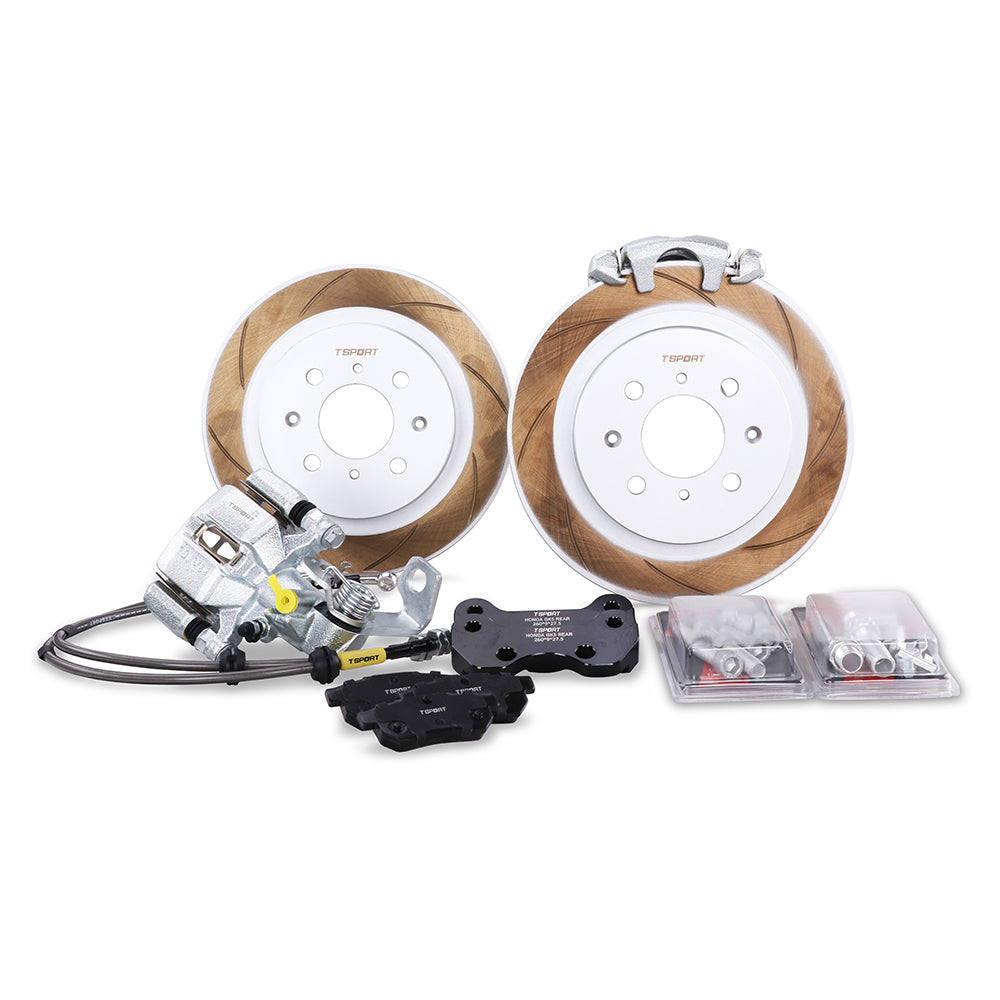 Complete TTSPORT Honda Fit/Jazz rear wheel brake kit, showing the floating calipers, slotted rotor, performance pads, and steel-braided brake lines.