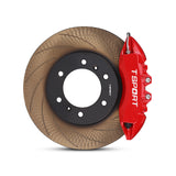 Close-up of a red TTSPORT GWM Tank 300 7640TK 6-piston forged brake caliper for the front wheel and a slotted rotor.