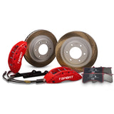 Complete TTSPORT PB6 for Ford Bronco U725 front wheel big brake kit, showing the 6-piston forged calipers, slotted rotor, performance pads, and steel-braided brake lines.