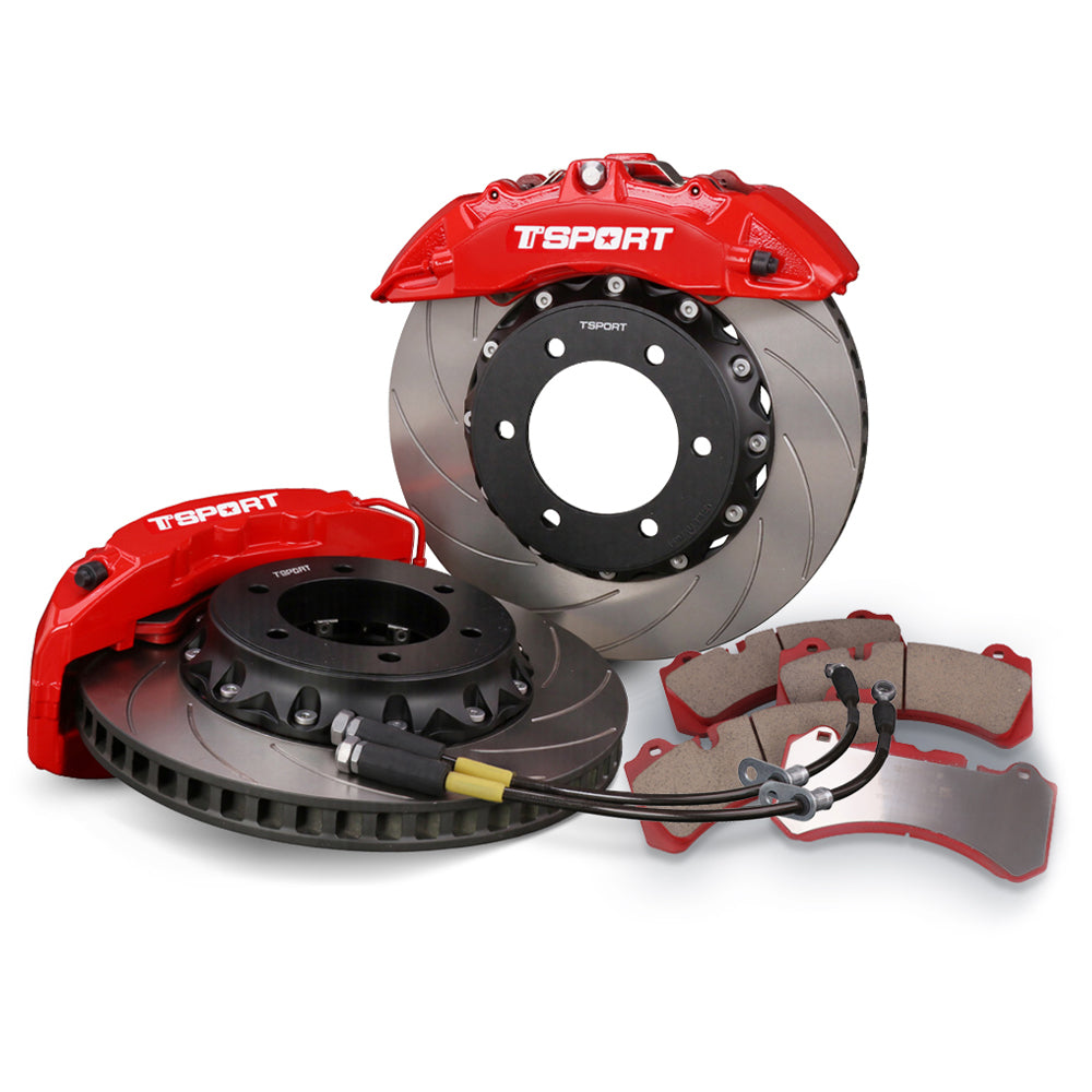 Complete TTSPORT Toyota LC150 Prado front-wheel big brake kit, featuring 6-piston forged calipers, slotted 2-piece rotors, performance pads, and steel-braided brake lines.