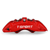 Detailed view of the 6 pistons with dust boot inside a TTSPORT Toyota Land Cruiser 200 front wheel forged brake caliper.