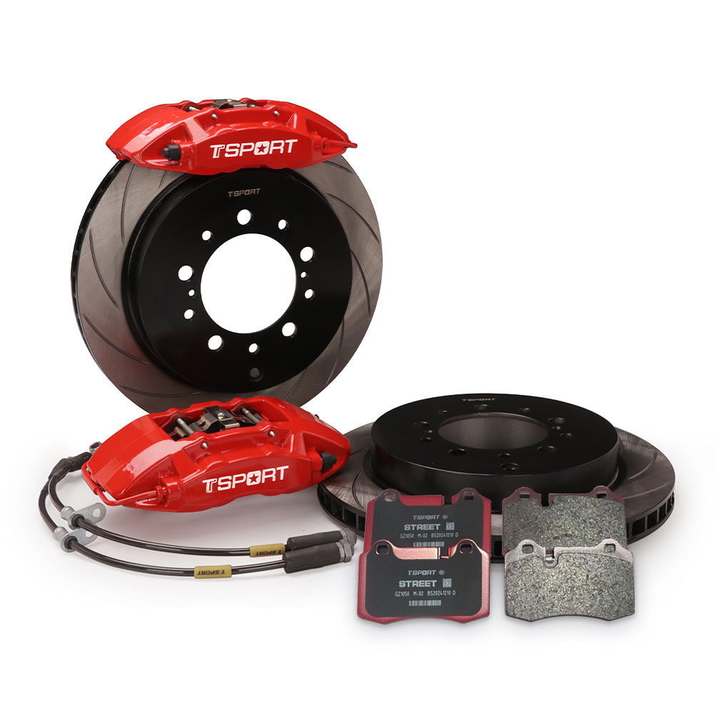 Complete TTSPORT Toyota Tundra and Sequoia rear wheel big brake kit, showing the 4-piston forged calipers, slotted rotor, performance pads, and steel-braided brake lines.