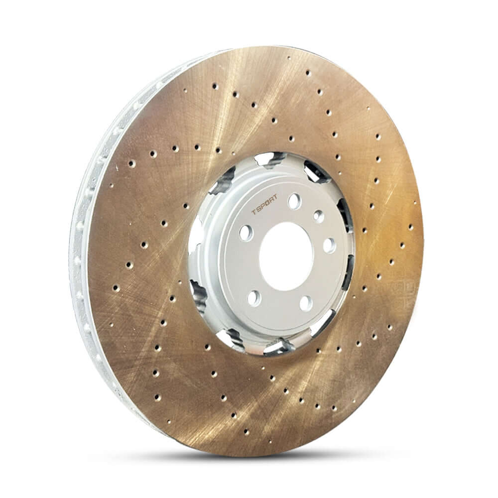 An OEM Drilled Rotor for Volkswagen SUV, Audi S, and RS models.