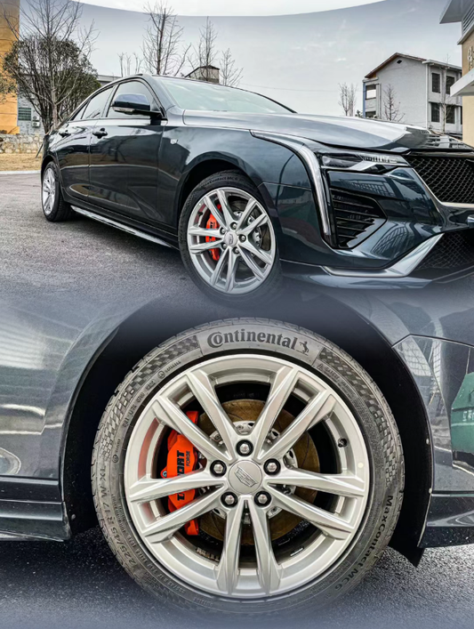 Cadillac CT4 front brake upgrade showing TTSPORT Classic 5440 four-piston caliper installed