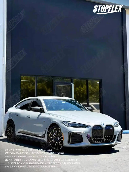 BMW i4 M50 G26 with TTSPORT Mono EMB6 and EMB4 big brake kit using 380 mm CCB rotors behind 19-inch wheels.