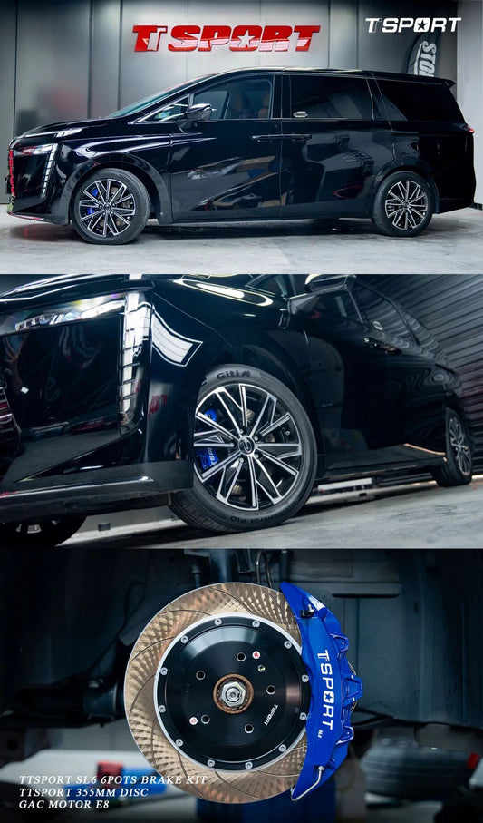GAC E8 MPV fitted with a TTSPORT SL6 six-piston big brake kit behind its stock 18-inch wheel