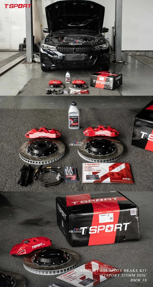 BMW 3 Series G20 with TTSPORT ES6 six-piston big brake kit fitted behind the stock 18-inch OEM wheel