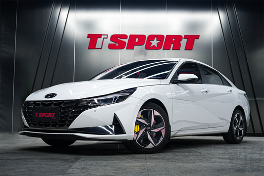 Hyundai Elantra fitted with the TTSPORT SL6 six-piston big brake kit behind its stock 17-inch wheel