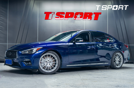 Infiniti Q50 fitted with TTSPORT Classic 7640 six-piston front caliper and 380mm rotor behind 19-inch wheels