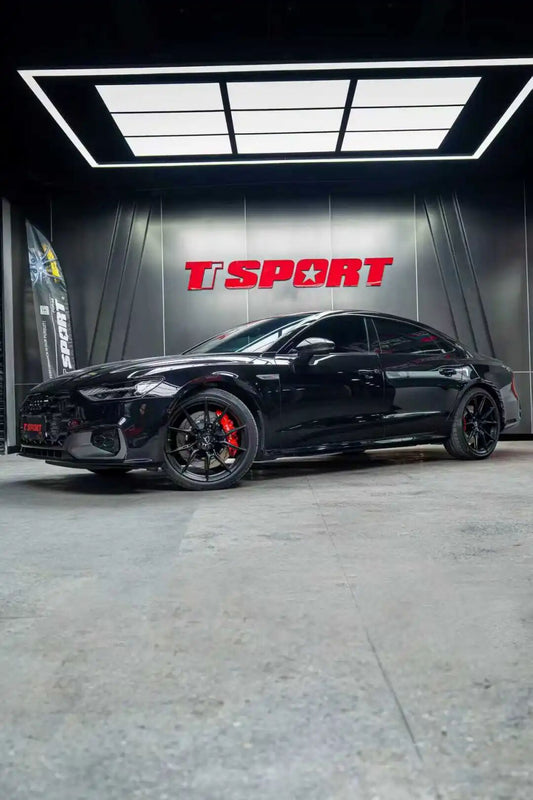Audi A7L fitted with a TTSPORT Evolution EB8 eight-piston front big brake kit behind 21-inch wheels