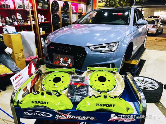 Audi A4 fitted with TTSPORT 8705 monoblock six-piston big brake kit behind the stock 18-inch wheel