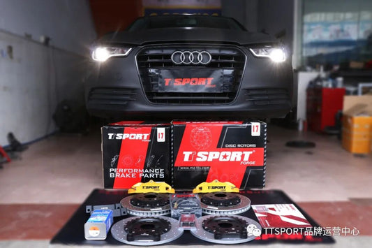 Audi A6L fitted with TTSPORT 5440 forged four-piston front caliper and big-rotor rear brake upgrade