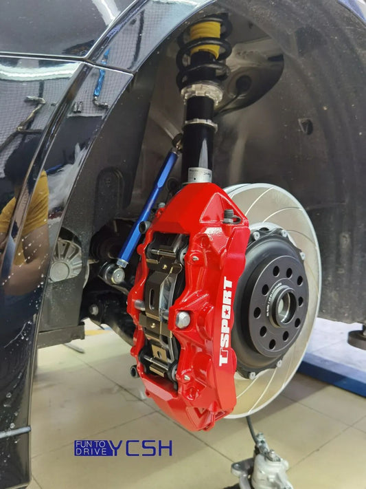 New Audi A3 fitted with TTSPORT 8703 six-piston big brake kit behind an 18-inch wheel