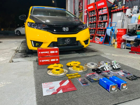 Honda Fit/Jazz GK5 front brake conversion showing the TTSPORT Slim 5420 four-piston caliper installed