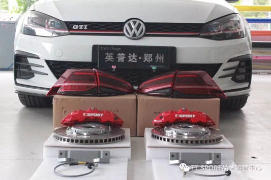 Volkswagen Golf GTI fitted with TTSPORT 8703 GT6 six-piston big brake kit behind 18-inch wheel
