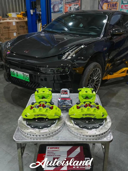Zeekr 001 fitted with TTSPORT Evolution EB8 forged 8-piston front brake kit behind 21-inch wheels