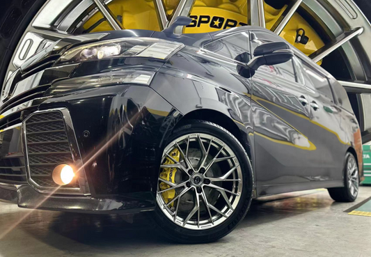 Toyota Vellfire fitted with TTSPORT Evolution EB8 front big brake kit behind 19-inch OEM wheels