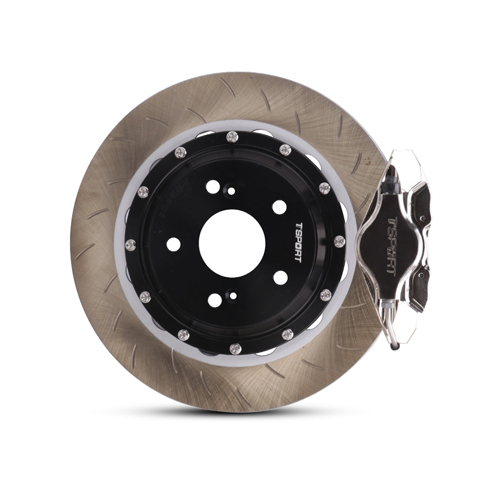 A front view of TTSPORT chrome racing-grade 2-piston rear wheel big brake kit for pro racing teams.