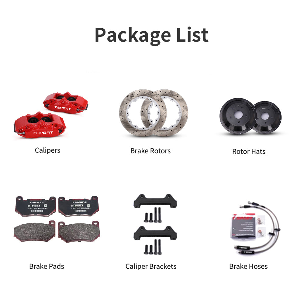 Unboxing the complete TTSPORT 5420S performance big brake kit, including all components: calipers, rotors, pads, brake line, and mounting hardware.