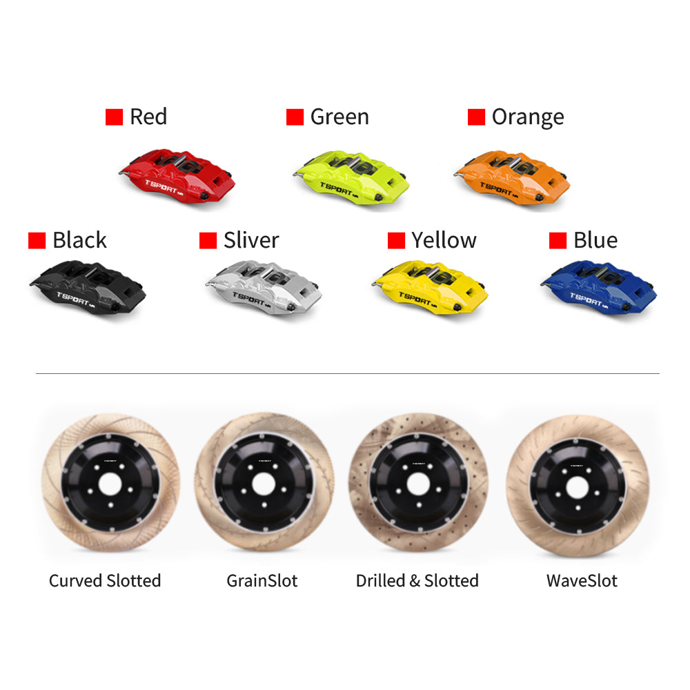 Customization options for the TTSPORT 5430 brake kit, featuring available caliper colors (red, blue, green, orange), rotor designs (drilled and slotted).
