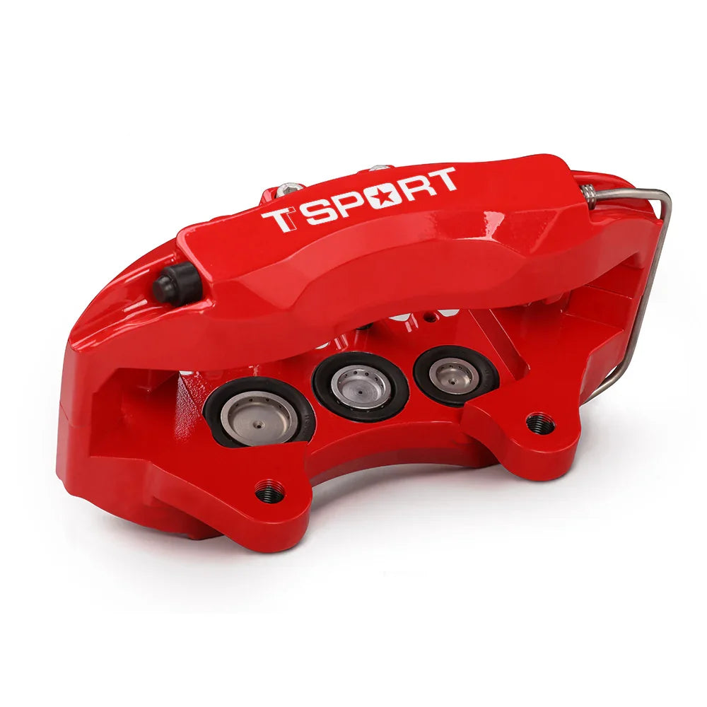 Detailed view of the 6 pistons with dust boot inside a TTSPORT 7640 forged brake caliper.