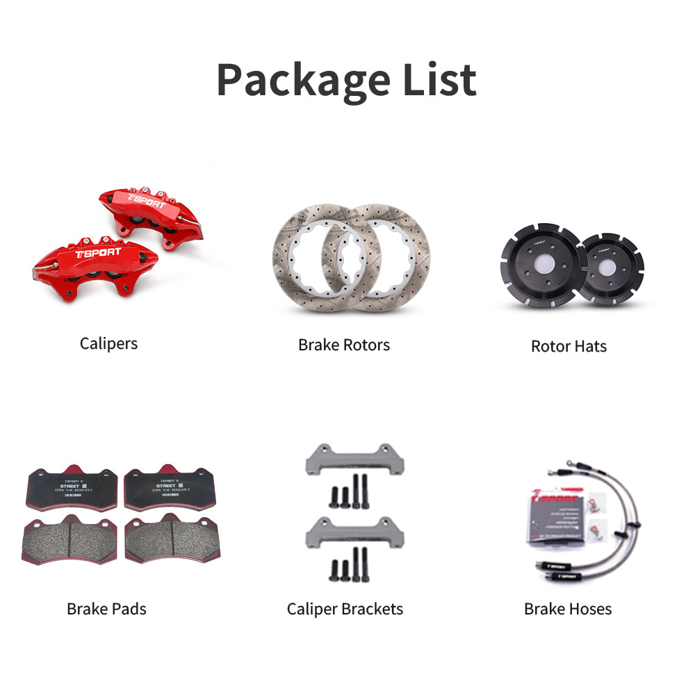Unboxing the complete TTSPORT 7640 performance big brake kit, including all components: calipers, rotors, pads, brake line, and mounting hardware.