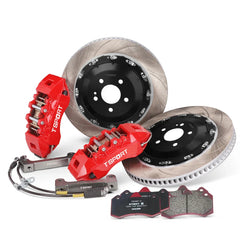 Complete TTSPORT 7640 front wheel big brake kit, showing the 6-piston forged calipers, slotted 2-piece floating rotor, performance pads, and steel-braided brake lines.