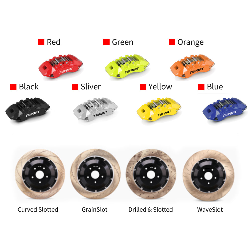Customization options for the TTSPORT 7640 brake kit, featuring available caliper colors (red, blue, green, orange), rotor designs (drilled and slotted).