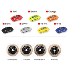 Customization options for the TTSPORT 7640 brake kit, featuring available caliper colors (red, blue, green, orange), rotor designs (drilled and slotted).