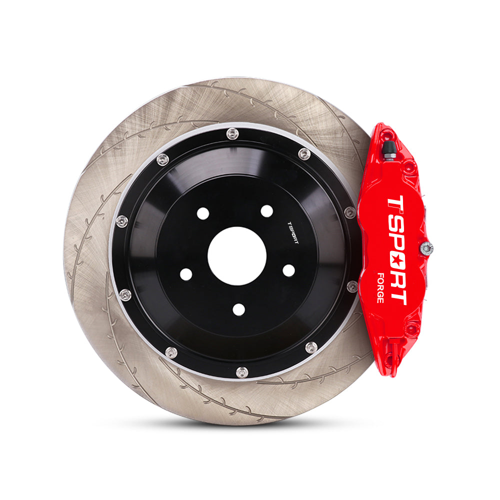 Close-up of a red TTSPORT 8611S 6-piston forged brake caliper for the front wheel and a slotted 2-piece floating rotor.