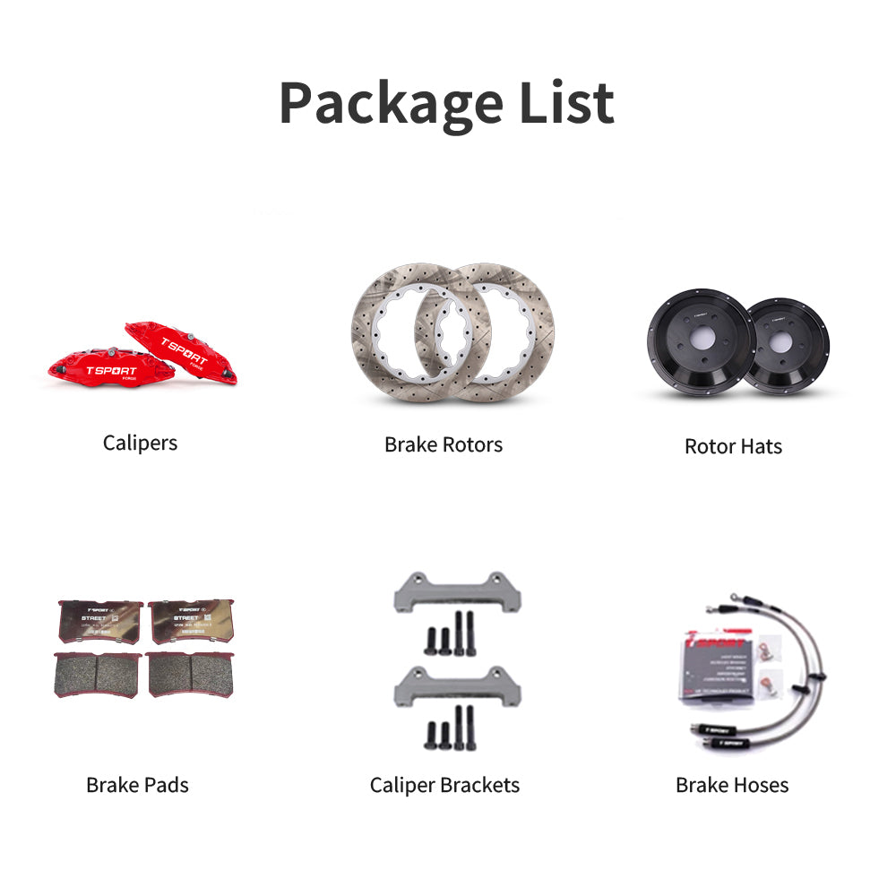 Unboxing the complete TTSPORT 8611S performance big brake kit, including all components: calipers, rotors, pads, brake line, and mounting hardware.