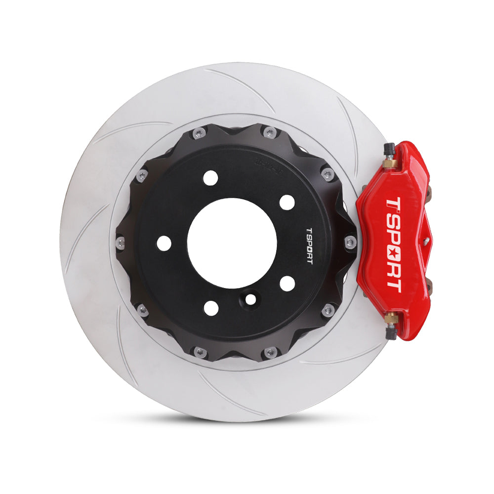 Close-up of a red TTSPORT DRT4 4-piston forged brake caliper for the rear wheel and a slotted 2-piece rotor.