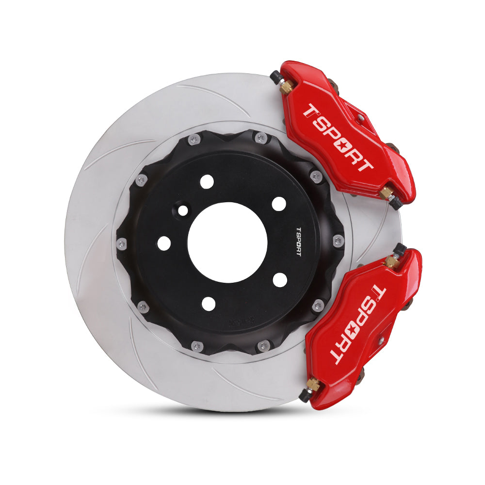 Close-up of two red TTSPORT 4 piston forged brake calipers for the rear wheel and a slotted 2-piece rotor.
