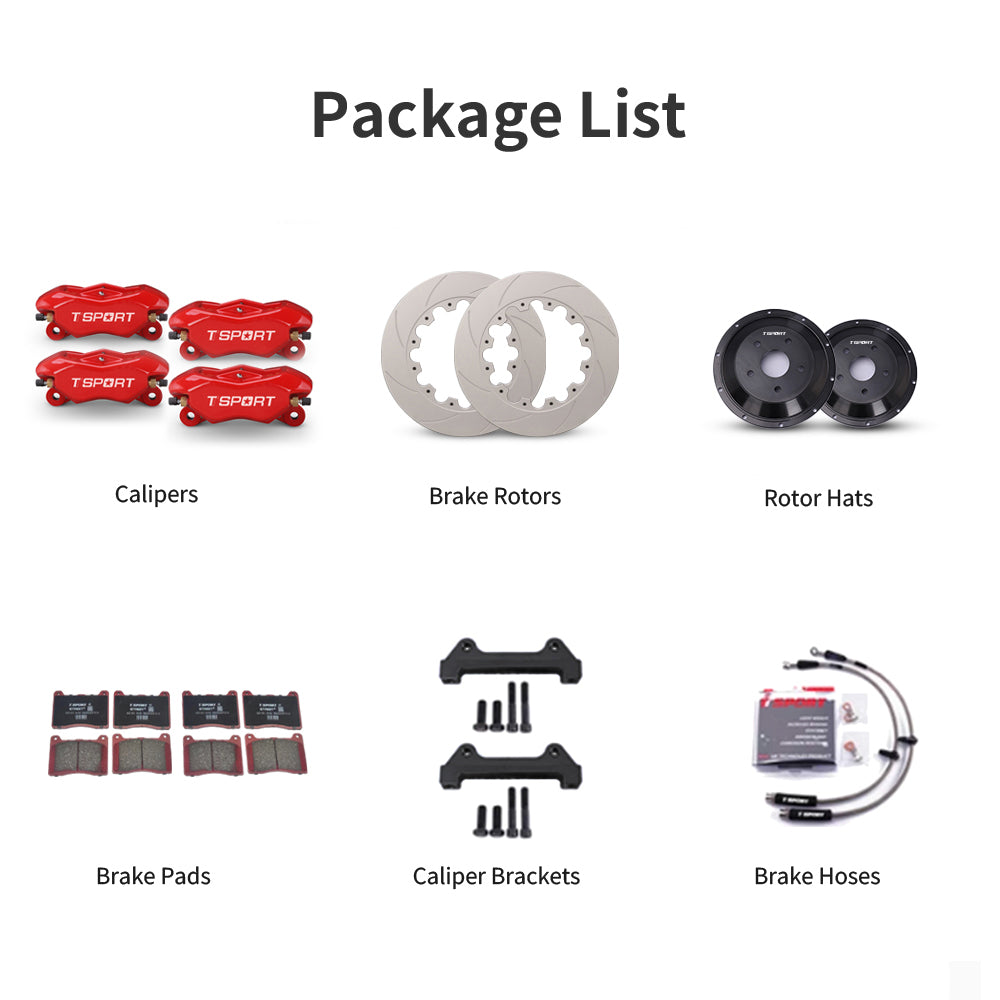 Unboxing the complete TTSPORT DRT4+4 drift brake kit, including all components: calipers, rotors, pads, brake line, and mounting hardware.