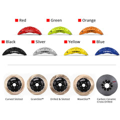 Customization options for the TTSPORT EB10 brake kit, featuring available caliper colors (red, blue, green, orange), rotor designs (drilled and slotted), and rotor materials (steel and carbon ceramic).