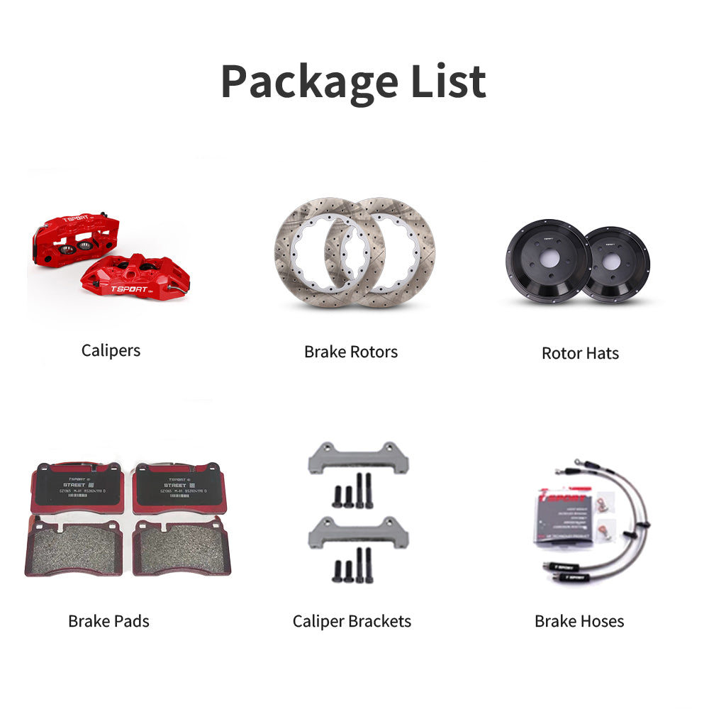 Unboxing the complete TTSPORT EB4 performance big brake kit, including all components: calipers, rotors, pads, brake line, and mounting hardware.