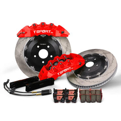 Complete TTSPORT EB8 front wheel big brake kit, showing the 8-piston forged calipers, slotted 2-piece floating rotor, performance pads, and steel-braided brake lines.